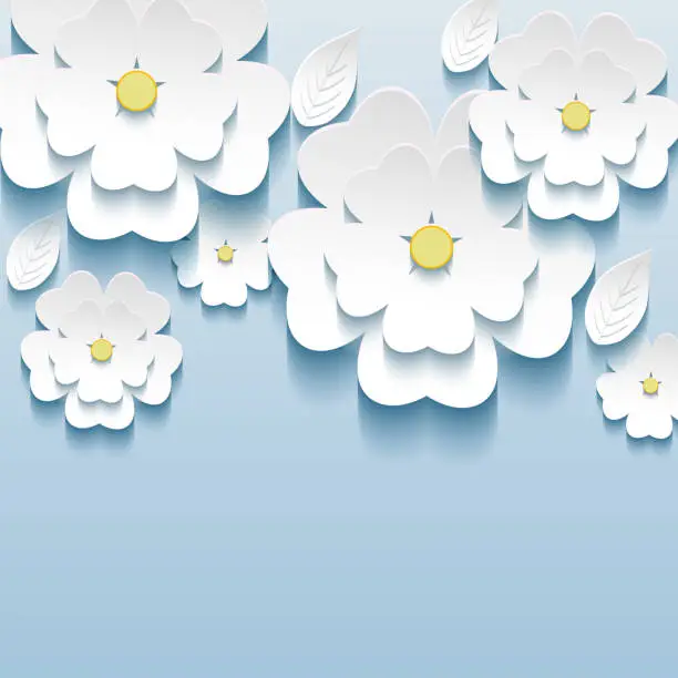 Vector illustration of 3d flowers sakura white, trendy beautiful wallpaper