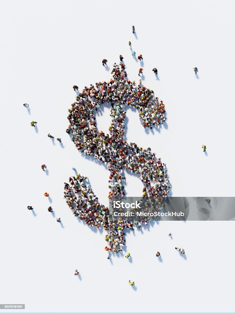 Human Crowd Forming A US Dollar Sign: US Dollar and Crowdfunding Concept Human crowd forming a big US Dollar sign on white background. Vertical composition with copy space. Clipping path is included. US Dollar and Crowdfunding Concept Currency Stock Photo