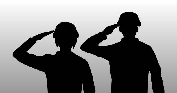 실루엣 블랙 경례 남녀 군인 - veteran military armed forces saluting stock illustrations