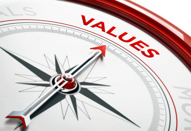 values concept: arrow of a compass pointing values text - compass symbol direction guide imagens e fotografias de stock