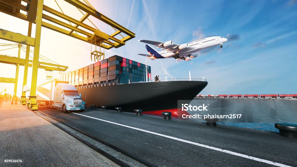 Plane trucks are flying towards the destination with the brightest. Plane trucks are flying towards the destination with the brightest. 3d rendering and illustration. Freight Transportation Stock Photo