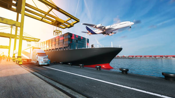 plane trucks are flying towards the destination with the brightest. - nautical vessel business cargo container shipping imagens e fotografias de stock