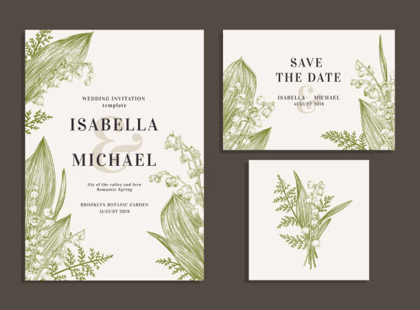 Cards with lilies of the valley. Vintage wedding set with spring flowers. Lilies of the valley and fern. Wedding invitation, save the date, reception card. Vector illustration. lily of the valley garden stock illustrations