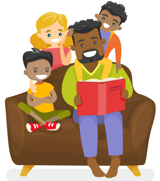 Father reading a book to multiethnic children Young happy african-american father reading a book to multiethnic biracial kids and Caucasian white wife. Happy multiracial mixed family concept. Vector isolated cartoon illustration. diverse family stock illustrations