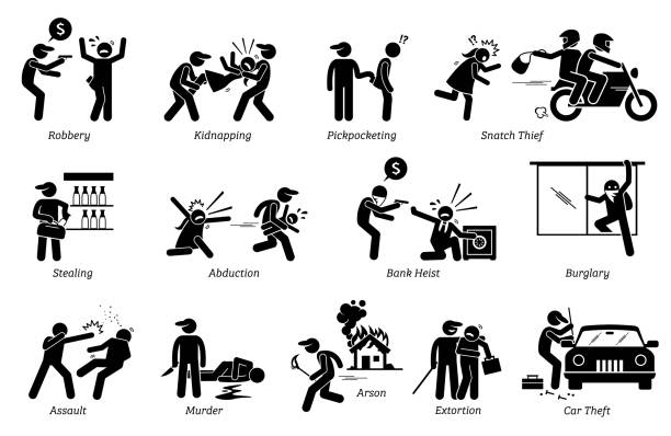 Violent Violence Crime and Criminal. Pictogram depicts various criminal activities that include robber, kidnappers, thief, bank heist, assault, murder, arson, and extortion. pickpocketing stock illustrations