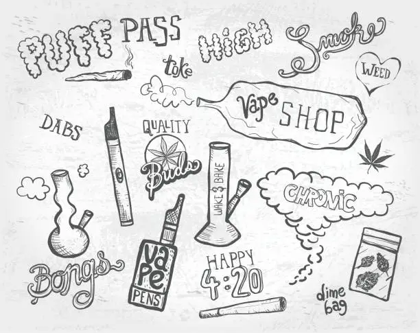 Vector illustration of Cannabis weed culture marijuana dispensary hand drawn labels designs sets