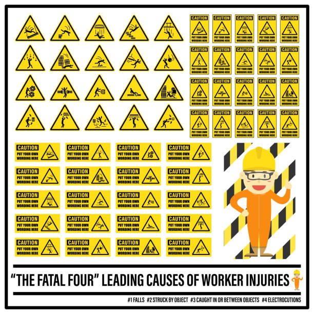 ilustraciones, imágenes clip art, dibujos animados e iconos de stock de sistema de advertencia de seguridad las señales y símbolos de peligros mortales, poner tus propio texto sobre seguridad precaución señales, las cuatro fatales - falling ladder physical injury accident