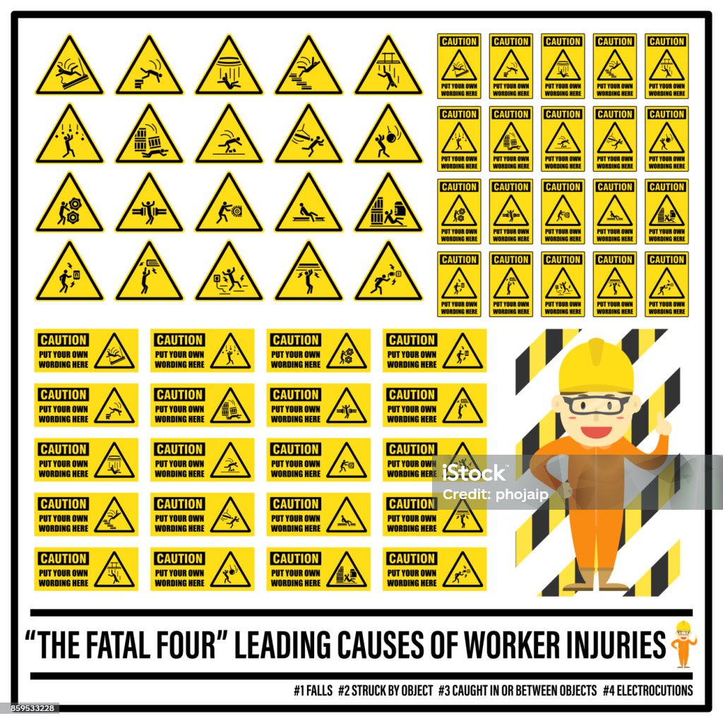 Set of safety caution signs and symbols of fatal hazards, Put your own wording on safety caution signs, The fatal four Danger stock vector