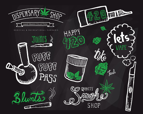Cannabis weed culture hand drawn elements and labels designs. Includes hand lettering text. Marijuana dispensary label designs. Sayings and phrases included.