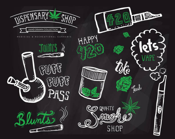 Cannabis weed culture marijuana dispensary hand drawn labels designs sets Cannabis weed culture hand drawn elements and labels designs. Includes hand lettering text. Marijuana dispensary label designs. Sayings and phrases included. blunt stock illustrations