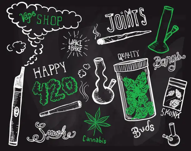 Vector illustration of Cannabis weed culture marijuana dispensary hand drawn labels designs sets