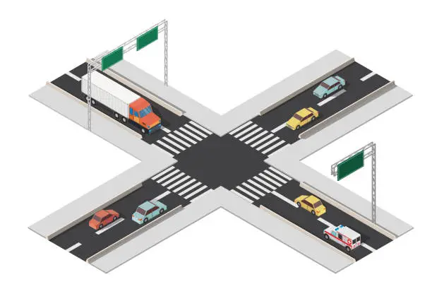 Vector illustration of Isomertic city intersection road markings vector illustration.