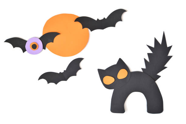 istock Halloween black cat and bat on white background 859536214