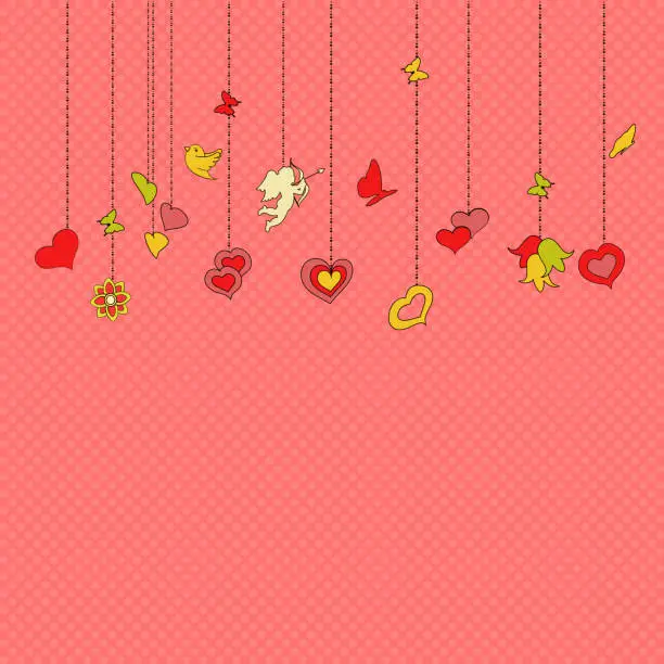 Vector illustration of Little hanging hearts and other decorations on pink background. Greeting card for Valentine's day, Mother Day, or Wedding Engagement invintation. Save the date card. romantic vector illustration.