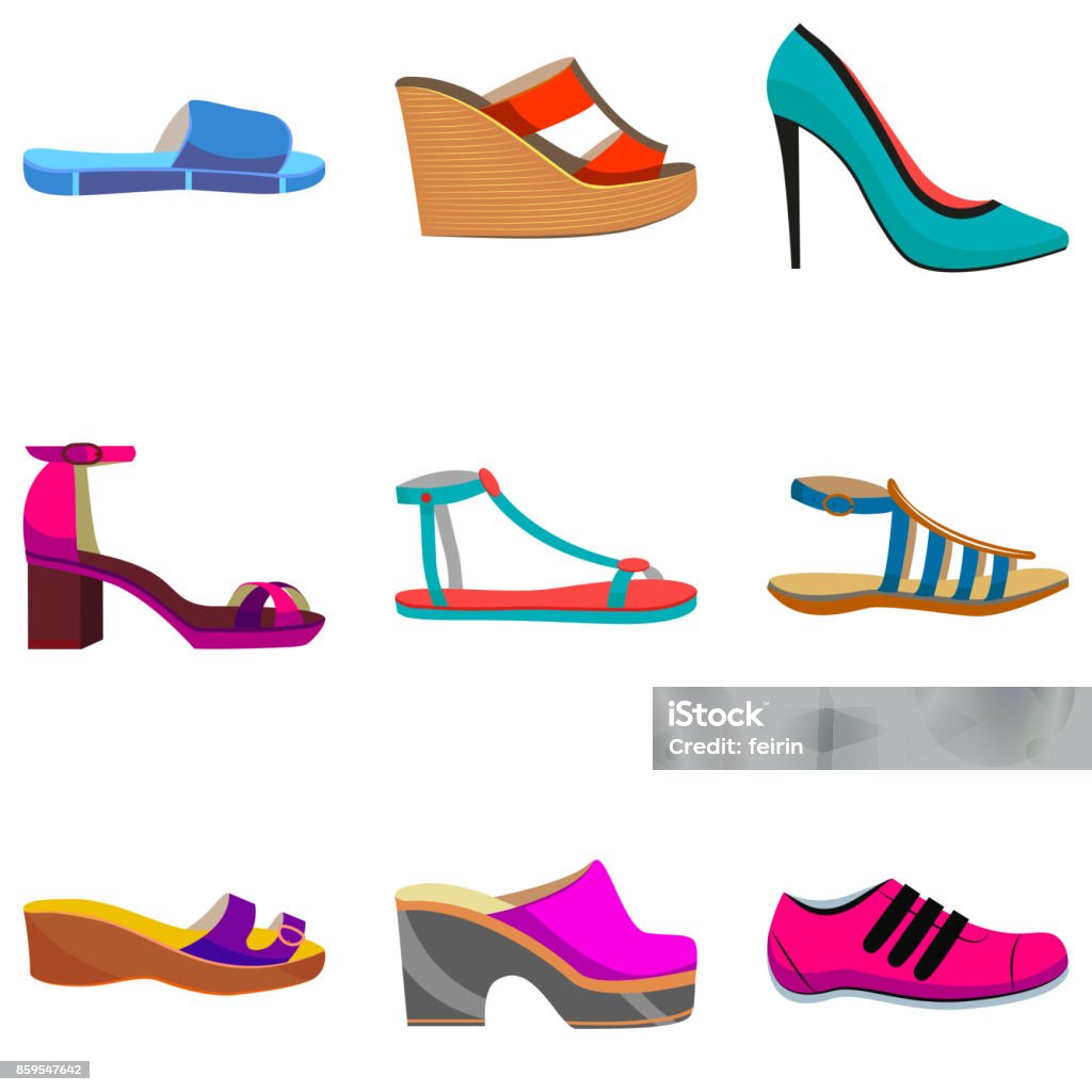 Ilustración de Conjunto De Zapatos De Mujer Zapatos Coloridos En El Estilo  De Dibujos Animados Para Banners Y Folletos De Las Tiendas Vector  Ilustración De Diversos Tipos De Zapatos y más Vectores