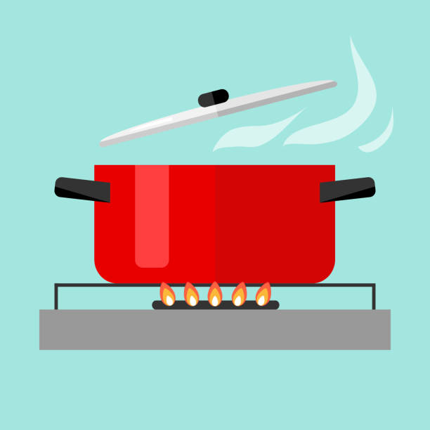 ilustrações de stock, clip art, desenhos animados e ícones de casserole with soup on fire - saucepan fire steam soup
