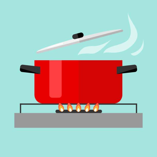 запеканка с супом на огне - steam saucepan fire cooking stock illustrations