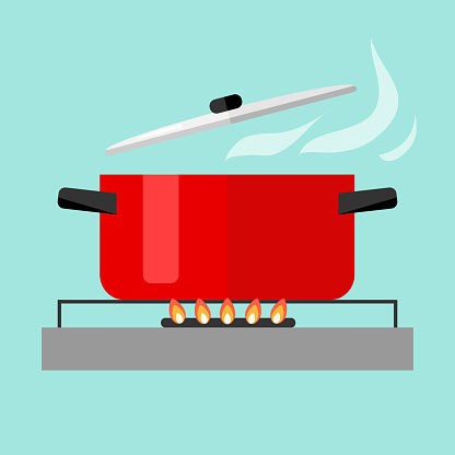 Casserole with soup on fire. Flat design, vector illustration, vector.