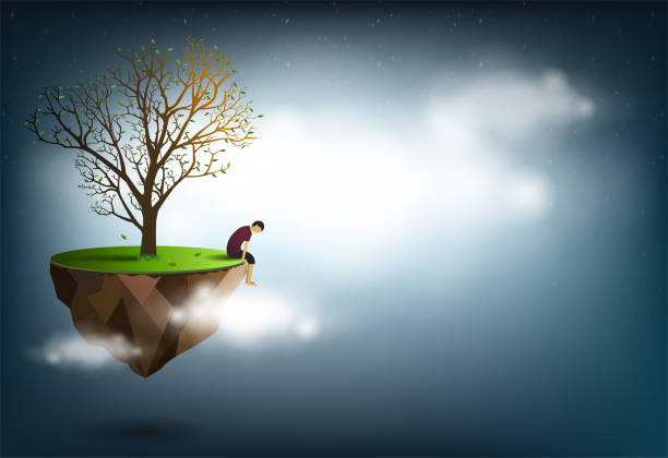 istock Sad man sitting under a tree Is a conceptual image of disappointment, love. vector illustration. 859554130