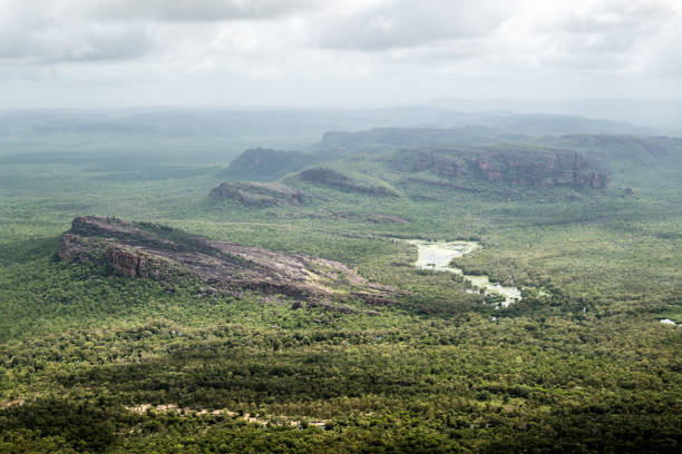 aerial view over nourlangie rock, namurlandja and surrounds. - kakadu imagens e fotografias de stock