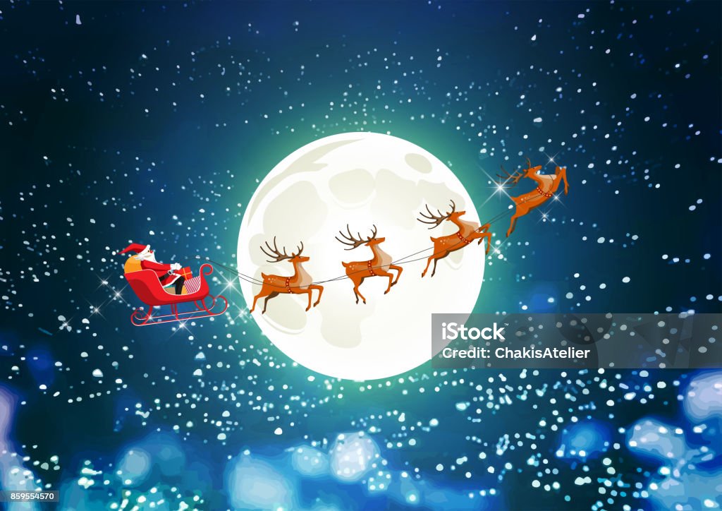 Merry Christmas, Santa Claus drives sleigh reindeer on starry sky Merry Christmas and Happy New Year, Santa Claus drives sleigh with reindeer on the starry sky, flat cartoon style, vector illustration Santa Claus stock vector