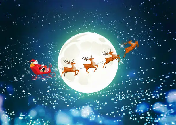 Vector illustration of Merry Christmas, Santa Claus drives sleigh reindeer on starry sky