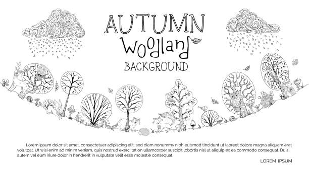 Vector autumn woodland background. Doodles woodland wild animals and birds. Autumn wet weather. Trees and falling leaves. Can be used in colouring book. Fox, deer, hare, squirrel, hedgehog. background of a owl black and white stock illustrations