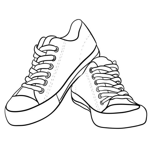 Contour black and white illustration of sneakers. Contour black and white illustration of sneakers. Vector element for your creativity walking drawings stock illustrations