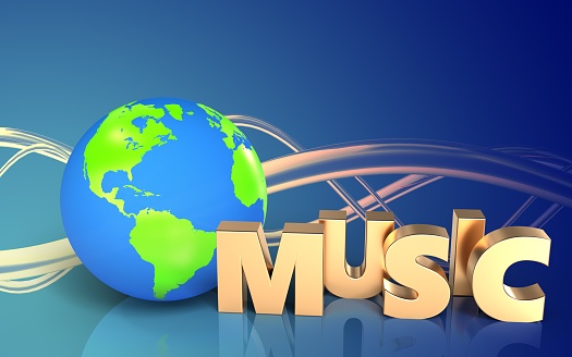 3d illustration of earth globe over wave blue background with music sign