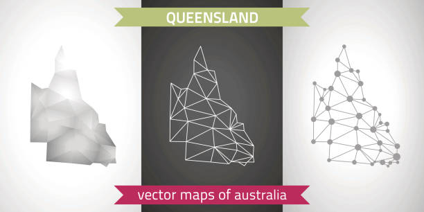 ilustrações, clipart, desenhos animados e ícones de coleção de queensland de vector design modernos mapas, cinza e preto e prata ponto contorno mosaico 3d mapa - queensland