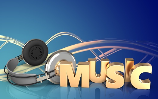 3d illustration of headphones over wave blue background with music sign