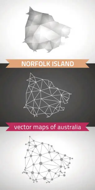 Vector illustration of Norfolk Island set of grey and silver mosaic 3d polygonal maps. Graphic vector triangle geometry outline shadow perspective maps