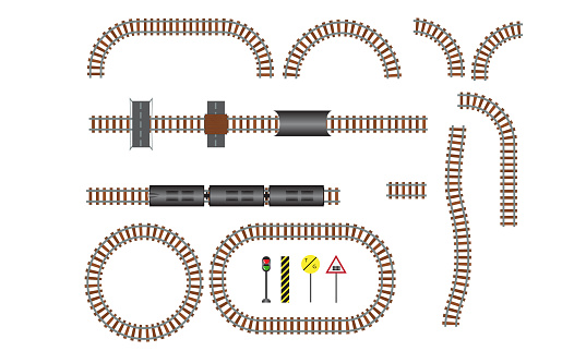 Vector railroad and railway tracks construction elements. Wavy trackway structure for traffic train. Vector Illustration.