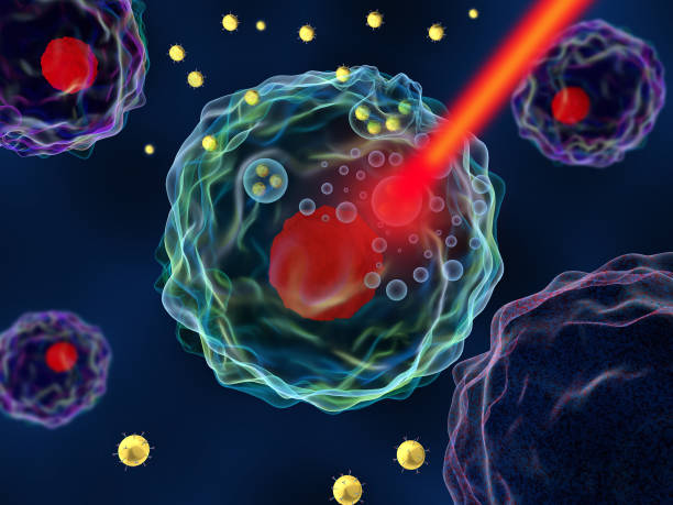 Gold nanoparticles in cancer 3D render of gold nanoparticle-mediated hyperthermia of cancer cells induced by visible. or near infrared laser nanoparticle stock pictures, royalty-free photos & images