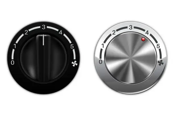 Vector illustration of Fan speed switch. Black and silver metal. Car air conditioning