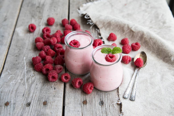 Yogurt smoothie with raspberries, fruit dessert. Berry smoothie. healthy dieting concept stock photo