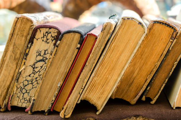 istock Old antiquarian books stand horizontally in a row. Front view. Selective focus. 859587474