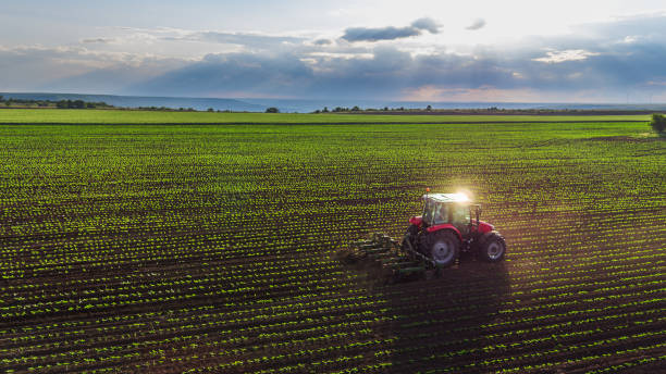 istock Tractor cultivating field at spring, aerial view 859587476