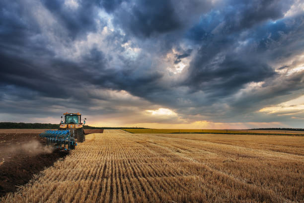 istock Farmer in Tractor with Plough, Plowing in a Field 859587902