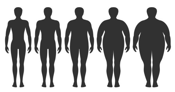 몸 질량 색인 벡터 그림 체에서 매우 비만 하. 다른 비만 학위의 남자 실루엣 - emaciated weight scale dieting overweight stock illustrations