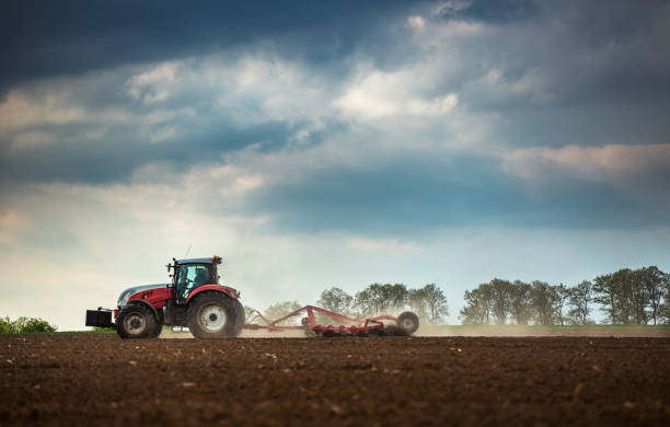 istock Farmer in tractor preparing land with seedbed cultivator, sunset 859588234