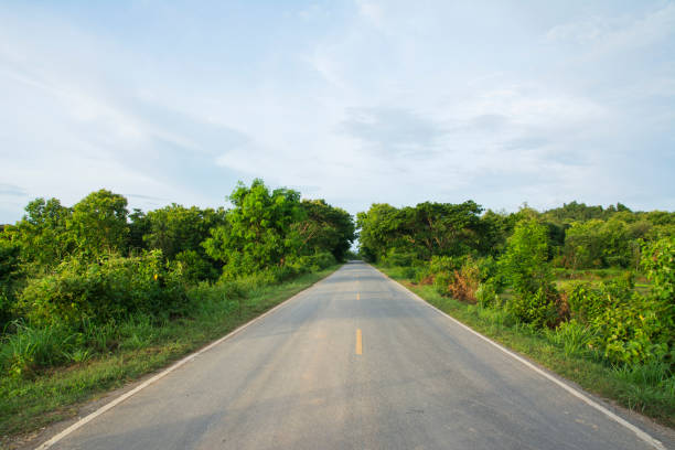 istock Asphalt road and cloud sky with green trees 859591356