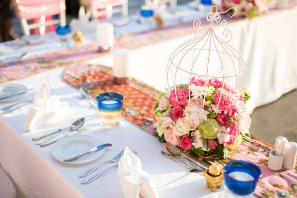 istock Table setting at a luxury wedding and Beautiful flowers on the table. 859591818