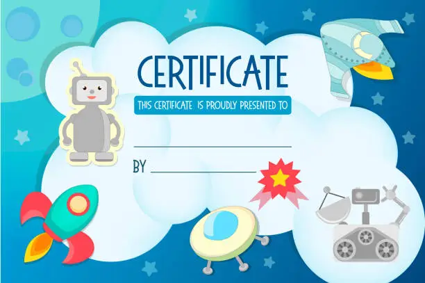 Vector illustration of Diploma, the certificate of the teaching game on the theme of Cosmos