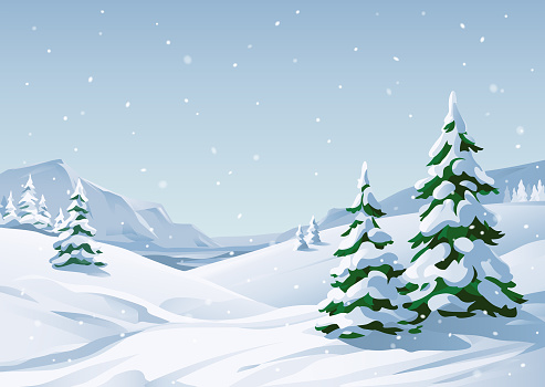 Vector illustration of a winter mountain landscape with snowy fir trees, hills and mountains.