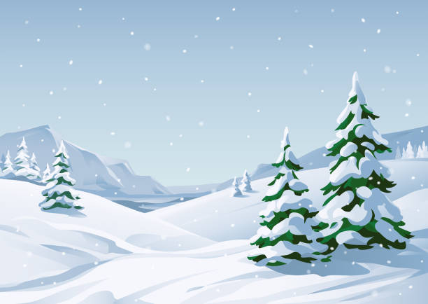 Snowy Winter Landscape Vector illustration of a winter mountain landscape with snowy fir trees, hills and mountains. snow landscape stock illustrations