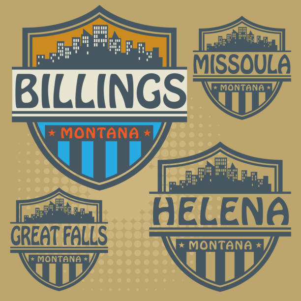 zestaw znaczków z nazwami miast montana - billings stock illustrations
