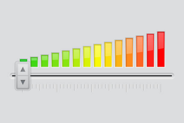 Interface slider. From minimum to maximum level Interface slider. From minimum to maximum level. Vector 3d illustration volume knob stock illustrations