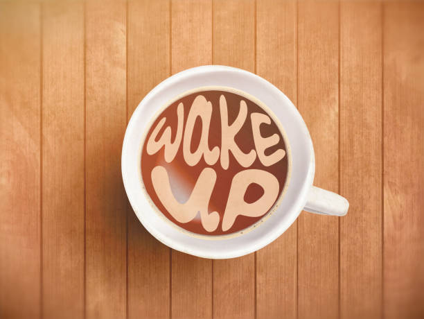 istock Coffee cup with time lettering, motivation quotes about time, awaking, right moment. Realistic black coffee on brown wooden background with motivation. Morning coffee 859604002