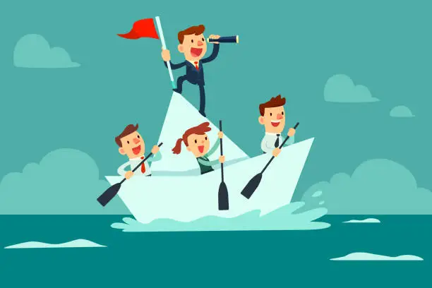 Vector illustration of business team sailing on paper boat